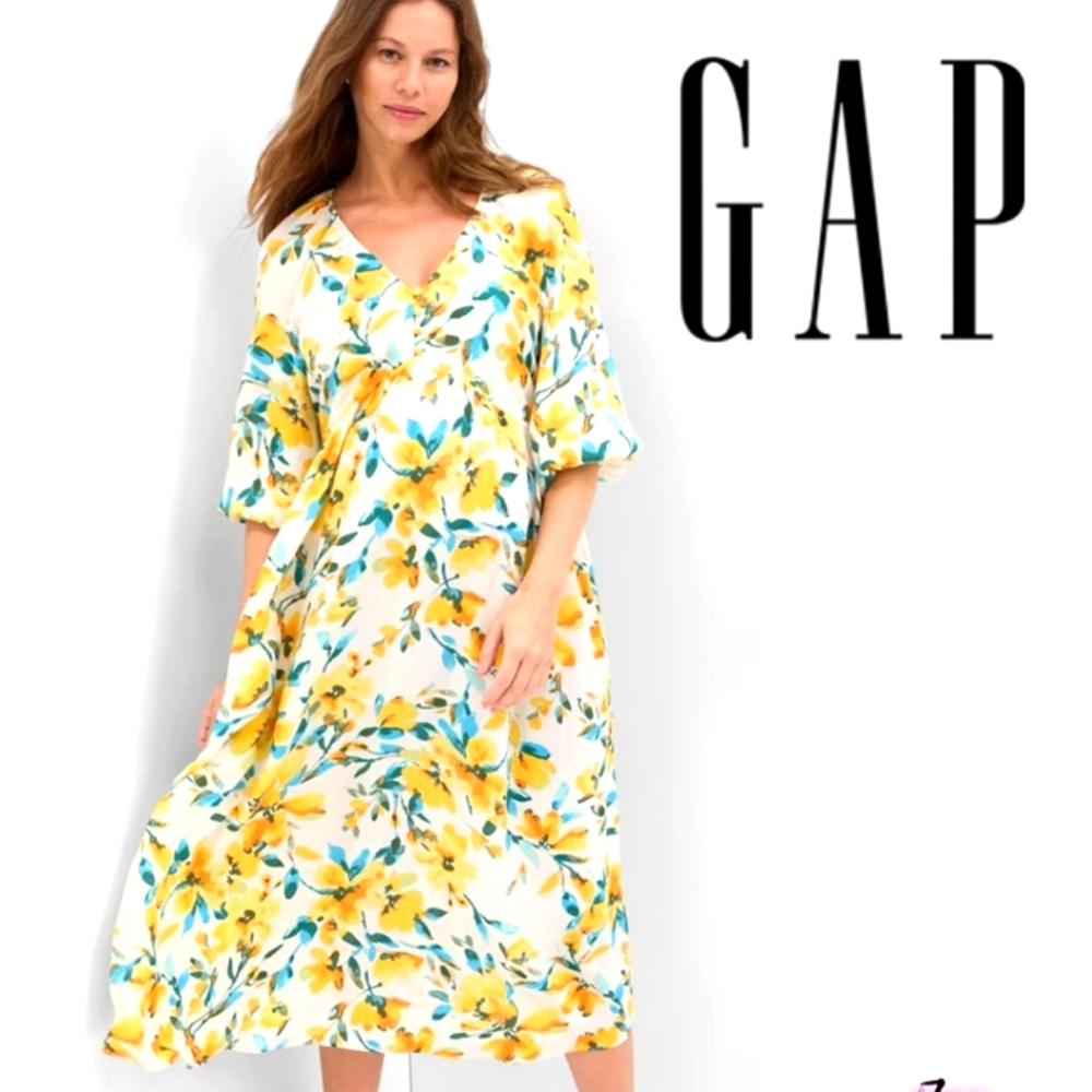 Gap Mayernity white yellow floral puff sleeves midi dress size L